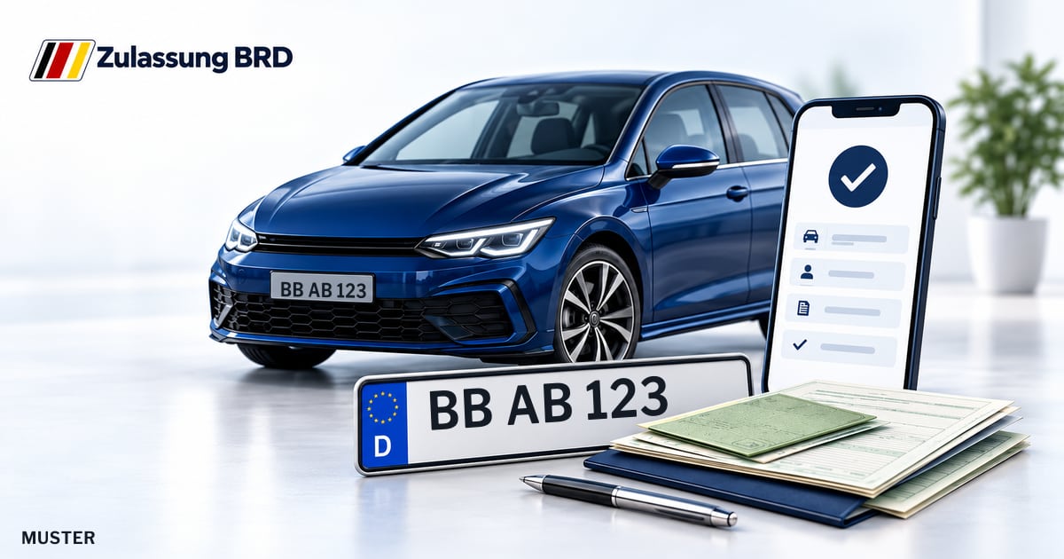 Online Fahrzeugzulassung in Renningen: Musterkennzeichen BB AB 123, Auto und Fahrzeugpapiere und Smartphone. Illustration mit Logo von Zulassung BRD.